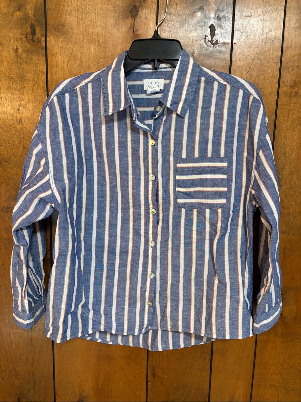 Sigrid Olsen Blue, White & Pink Vertical Stripe Button-Down Shirt